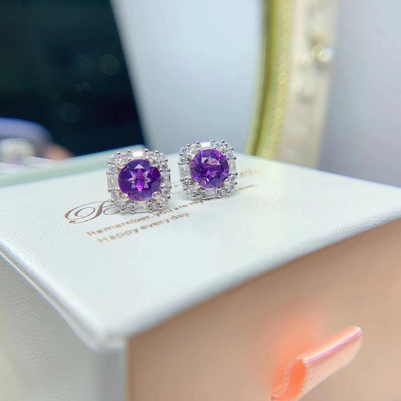 Simple 925 Silver Inlaid Amethyst Stud Women Earrings