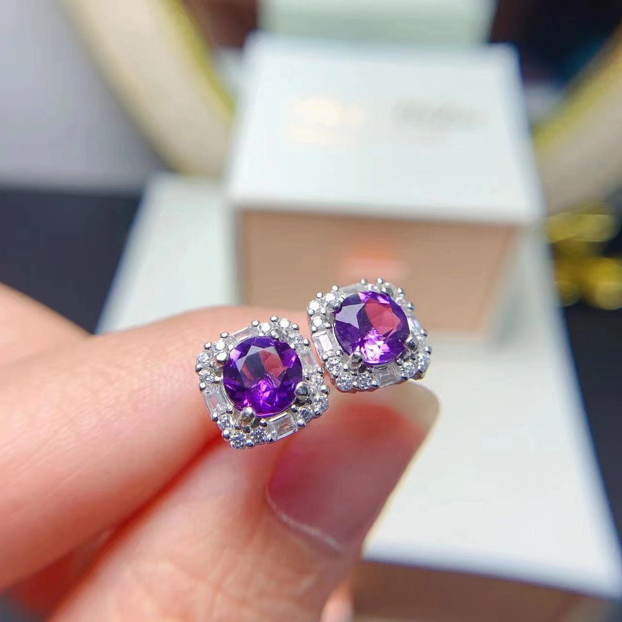 Simple 925 Silver Inlaid Amethyst Stud Women Earrings