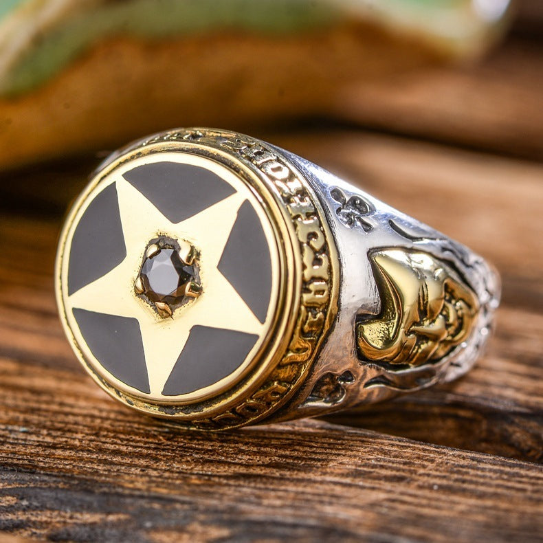 Five-pointed Star Thai Silver And Black Agate Men Ring