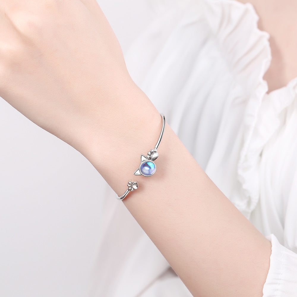 Sweet Cute Cat Paw Moonstone Women Bracelet