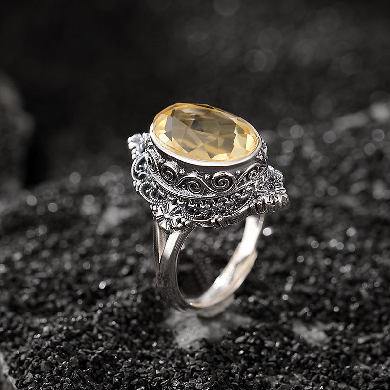 Sterling Citrine Xiangyun Oval Mosaic Silver Ring