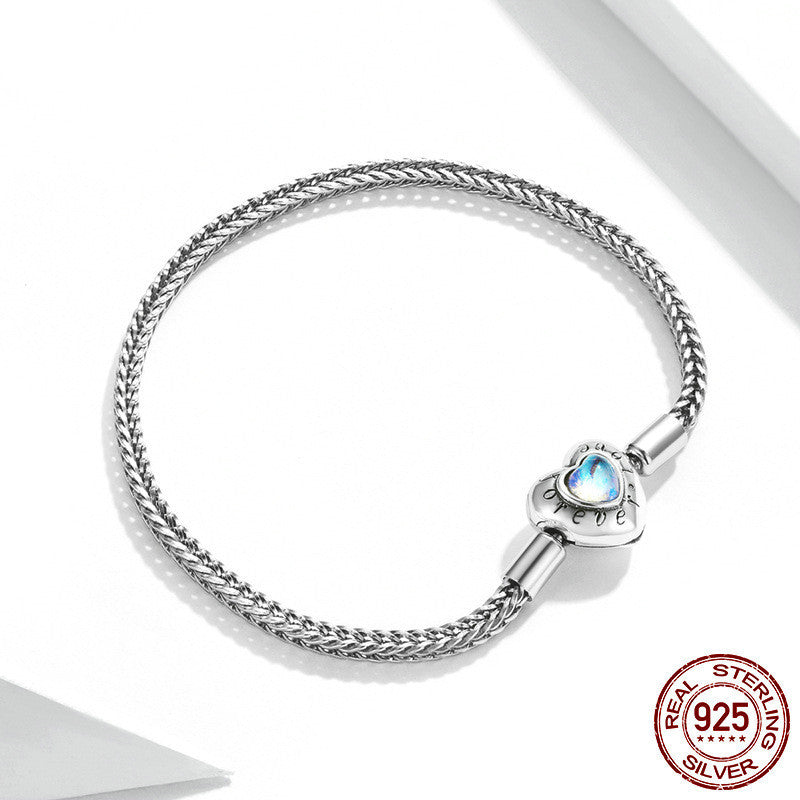 Heart Moonstone Inlaid Sterling Silver Women Bracelet