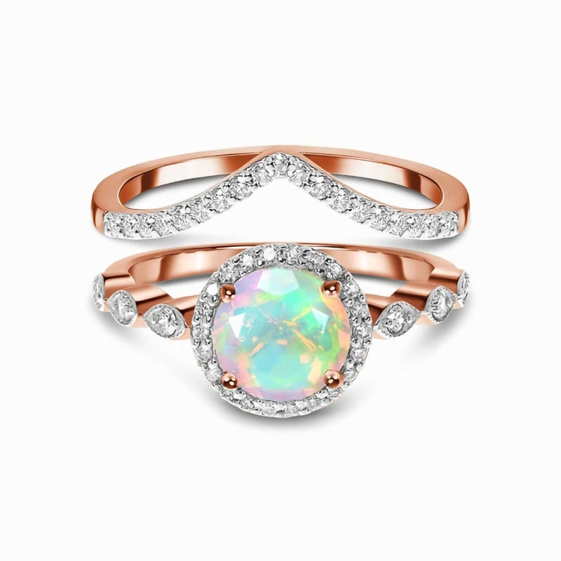 Round Moonstone Rose Gold Wave Women Ring