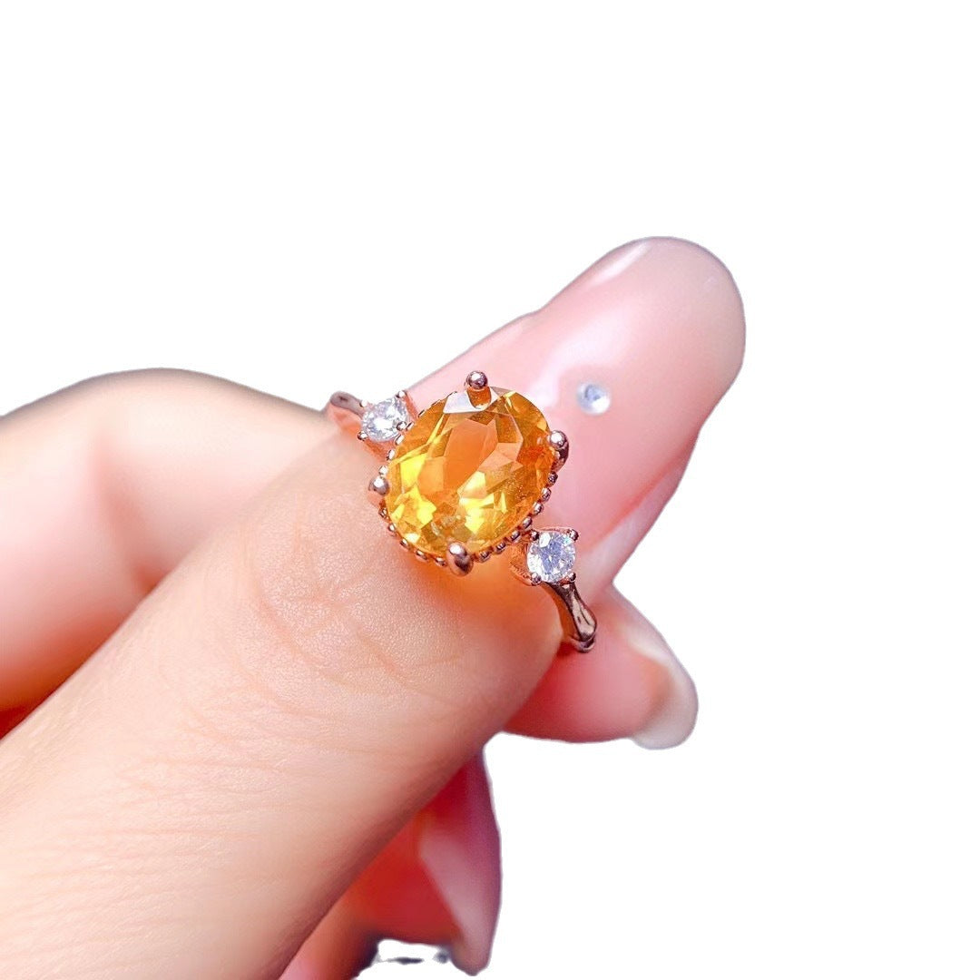 925 Silver Plated 18K Inlaid Natural Brazil Citrine Ring