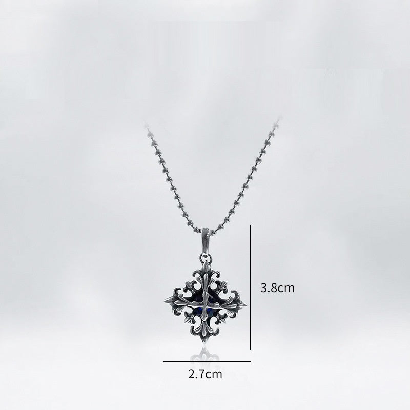 S925 Silver Cross Flower Pendant Necklace Men