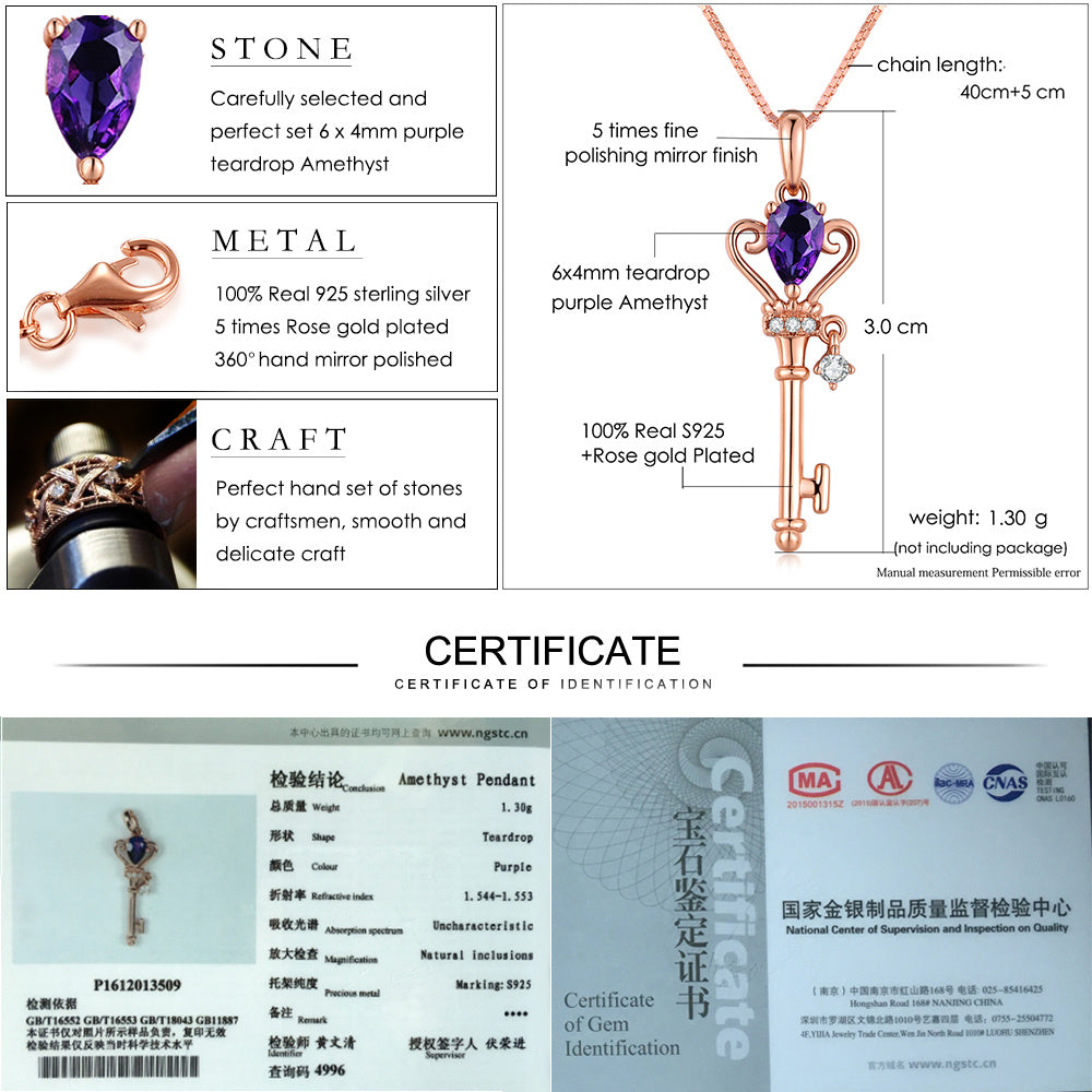 Silver Crown Key Pendant Necklace 0.4 Carat Amethyst Gemstone Jewelry Rose Gold Plated Chain