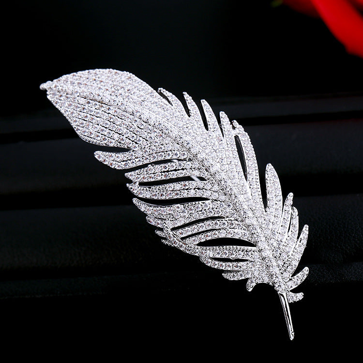 Micro-inlaid zircon feather brooch