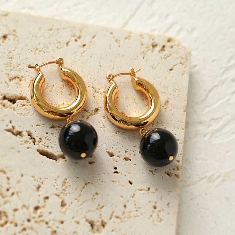 Black Agate Earrings Geometric Spherical Earrings