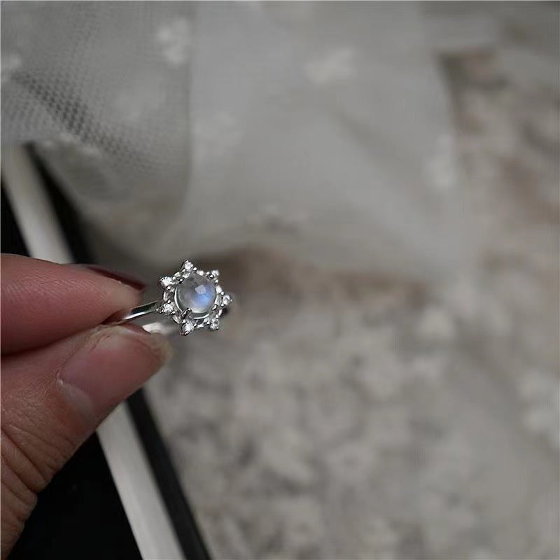 Natural Moonstone Snowflake Diamond Sterling Silver Women Ring