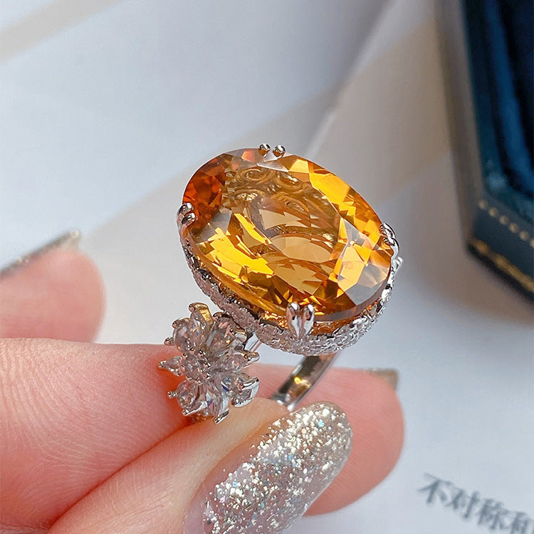 High-end Large Carat Zircon Simulation Citrine Full Diamond Ring For Women