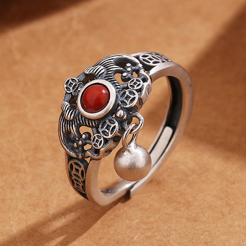 Copper Coin Southern Red Agate Ring Women's Hollow Pattern Water Drop Adjustabl