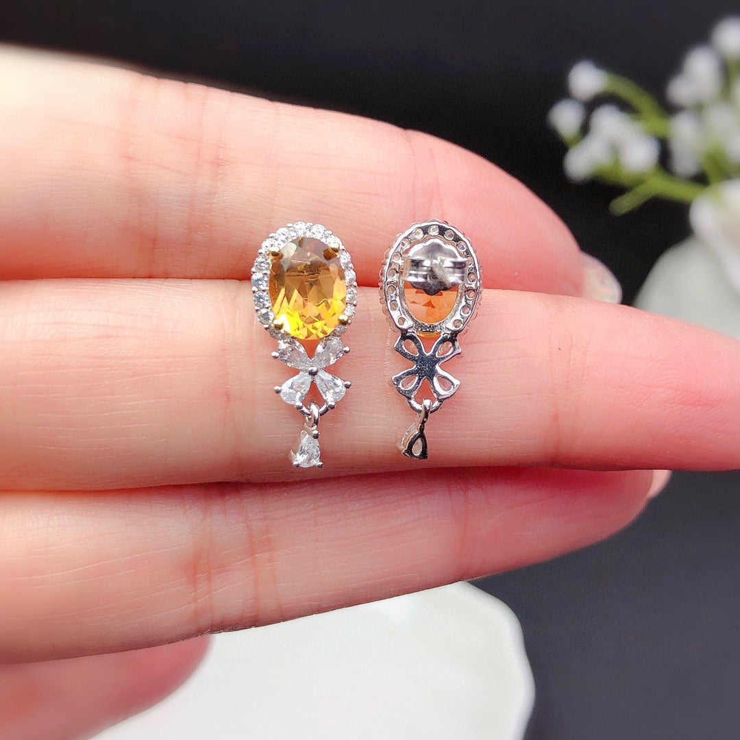 Natural Citrine Stud Earrings Women's Crystals Fully Purified