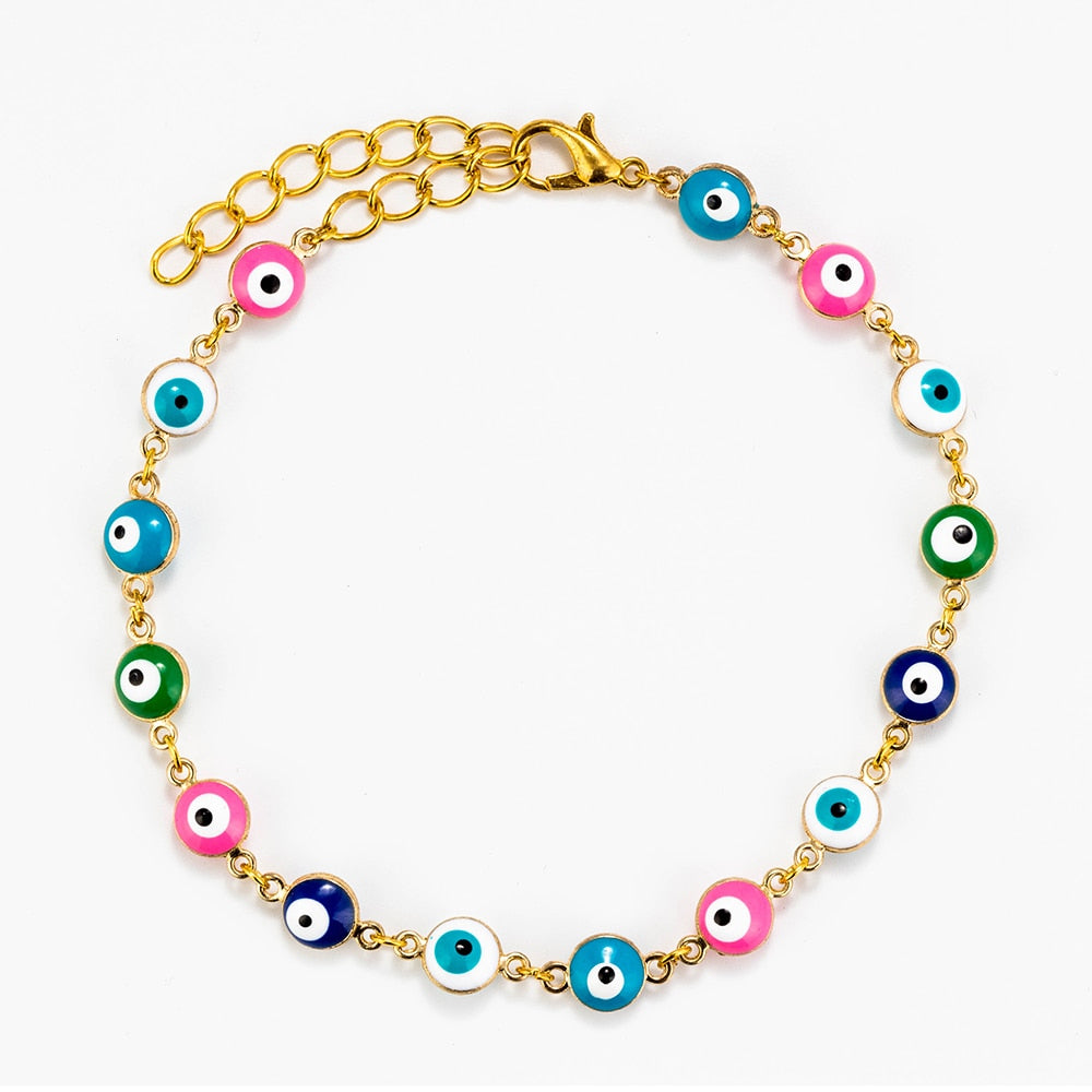 Evil Eye Colorful Drops Of Oil Eye Beaded Link Bracelet Lobster Clasp Adjustable Gold Chain Jewelry For Women Men Loves