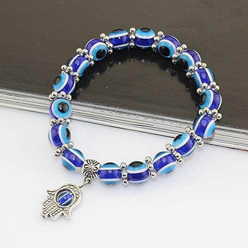 Handmade Hamsa Fatima Bangle Evil Eye Beads Elastic Couple Bracelet Femme Jewelry