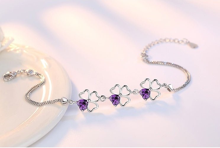 Amethyst Four Leaf Clover Women Bracelet