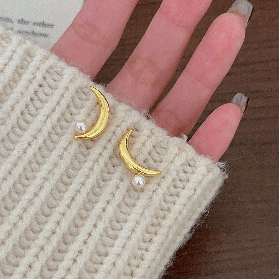 Moon Pearl Stud Earrings Korean Jewelry