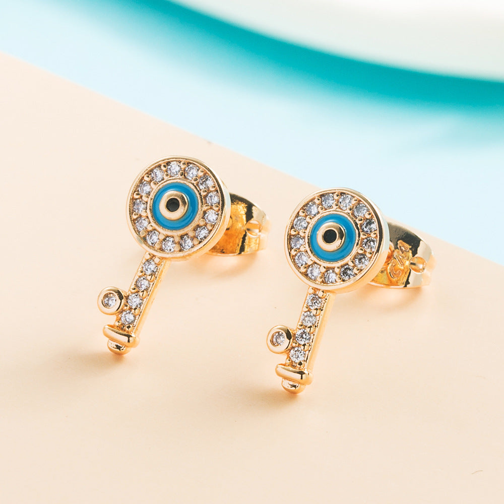 Copper Plated Gold Inlaid Zircon Oil Dripping Devil's Eye Earrings Small Exquisite Versatile Earrings For Women