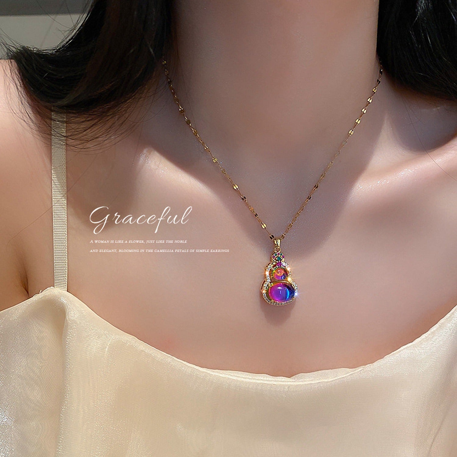 Hip hop new necklace exquisite colorful cat's eye stone gourd clavicle chain light luxury niche design