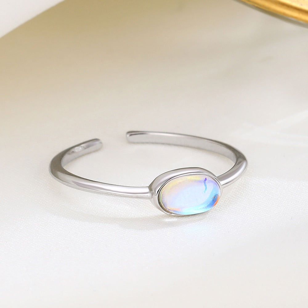 Temperament Trinkets S925 Sterling Silver Moonstone Oval Open Ring Personality Simple Women Index Finger Ring