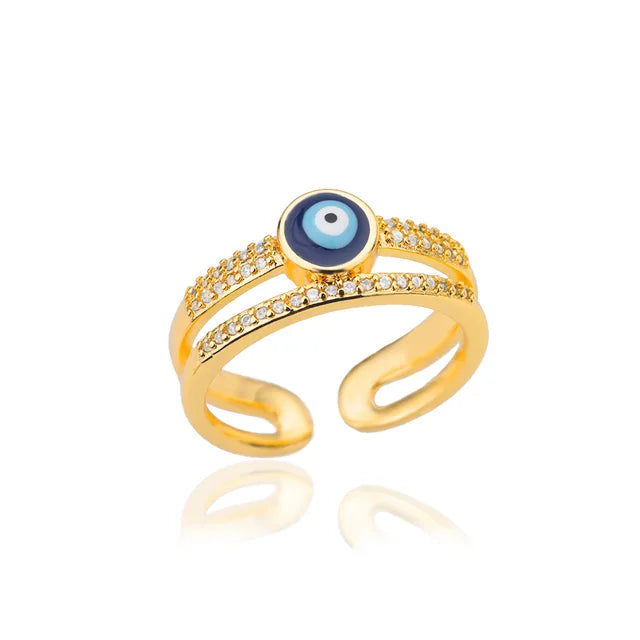 Turkish Zircon Evil Eye Rings For Women Open Gold Plated Stainless Steel Ring Couple Rings