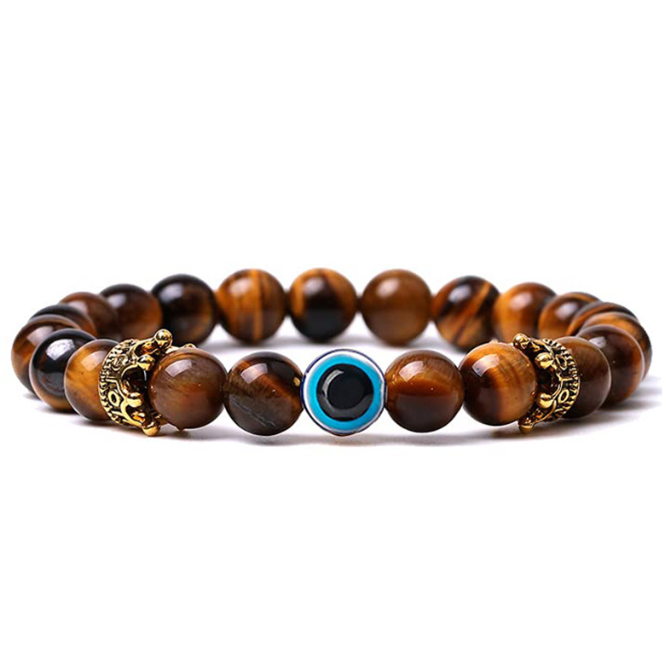 Natural Tiger Eye Stone Crown Bracelet Evil Eye Natural Stone Couple Bracelet Male and Female Bracelet