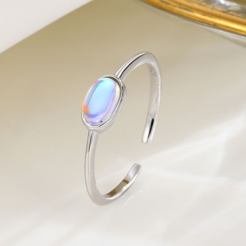 Temperament Trinkets S925 Sterling Silver Moonstone Oval Open Ring Personality Simple Women Index Finger Ring