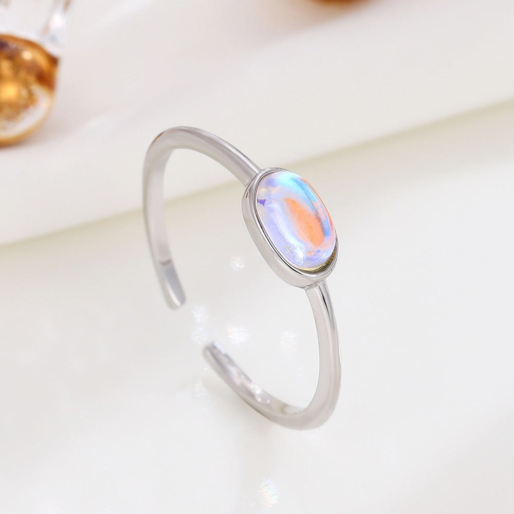 Temperament Trinkets S925 Sterling Silver Moonstone Oval Open Ring Personality Simple Women Index Finger Ring