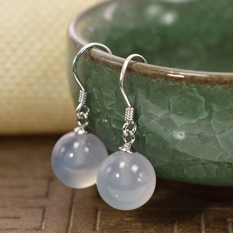 Natural Agate Women Earrings Silver Green Chalcedony