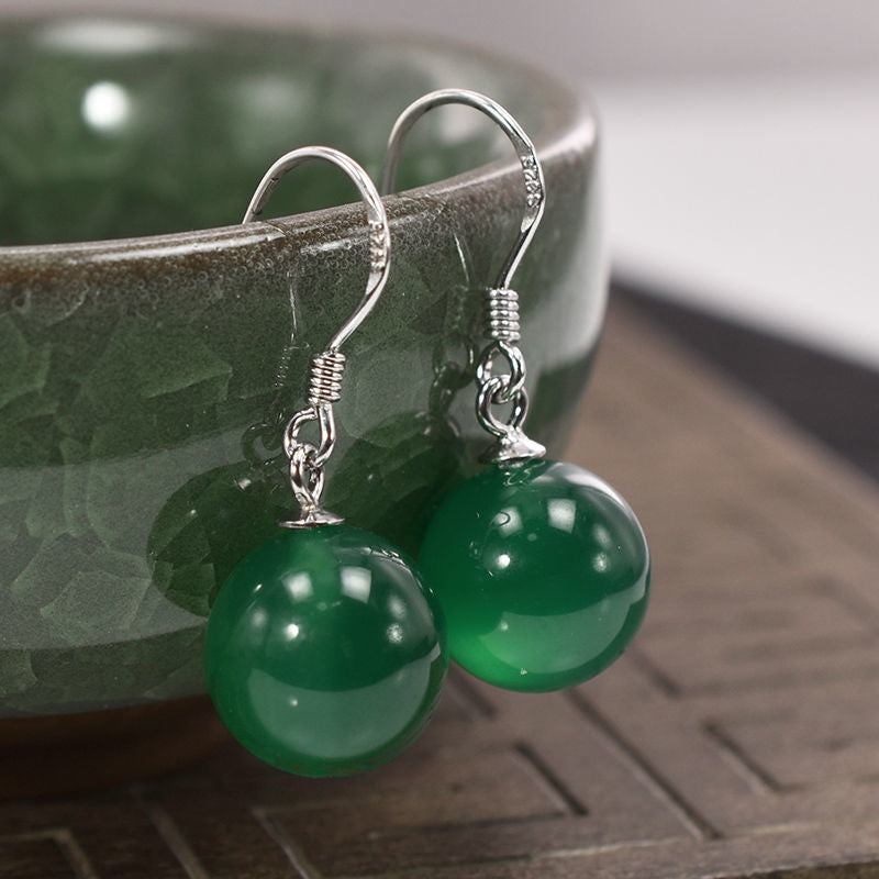 Natural Agate Women Earrings Silver Green Chalcedony