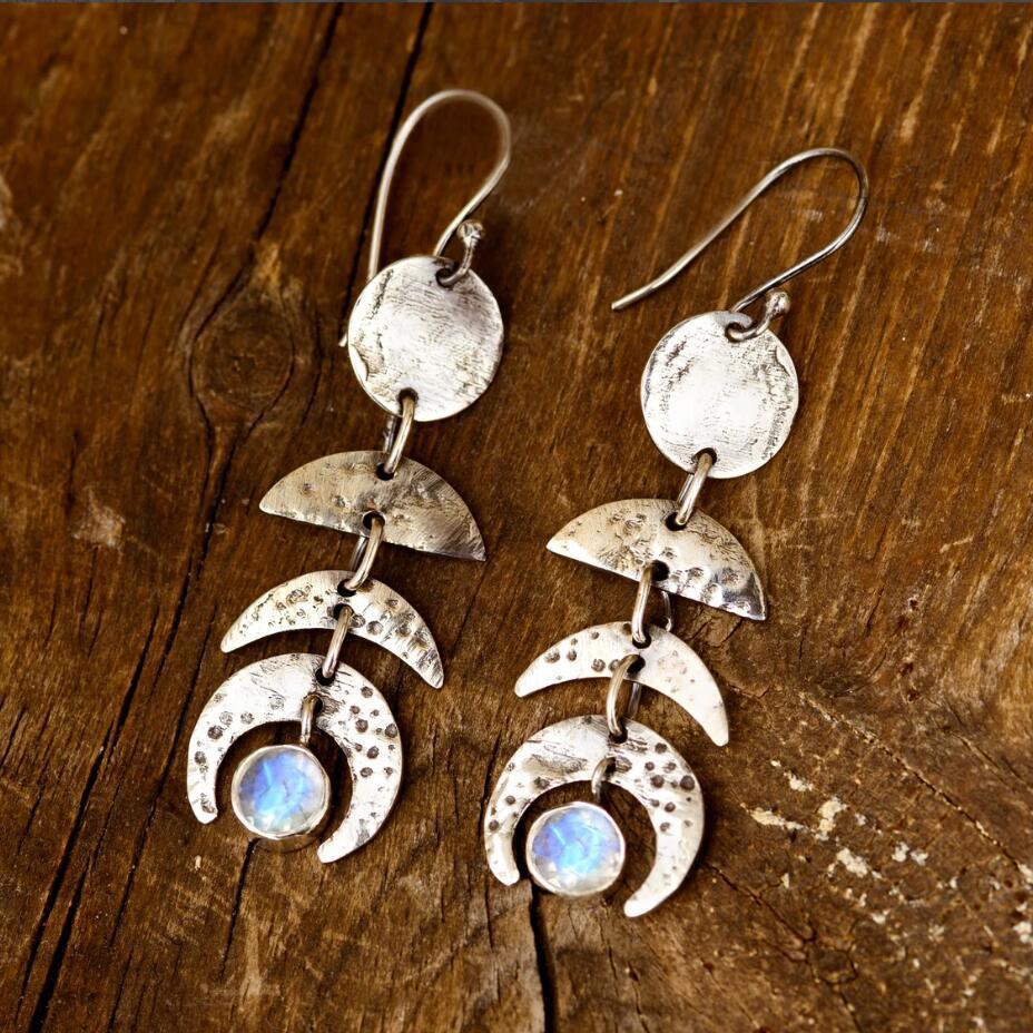 Retro Style Moon Phase Moonstone Women Earrings