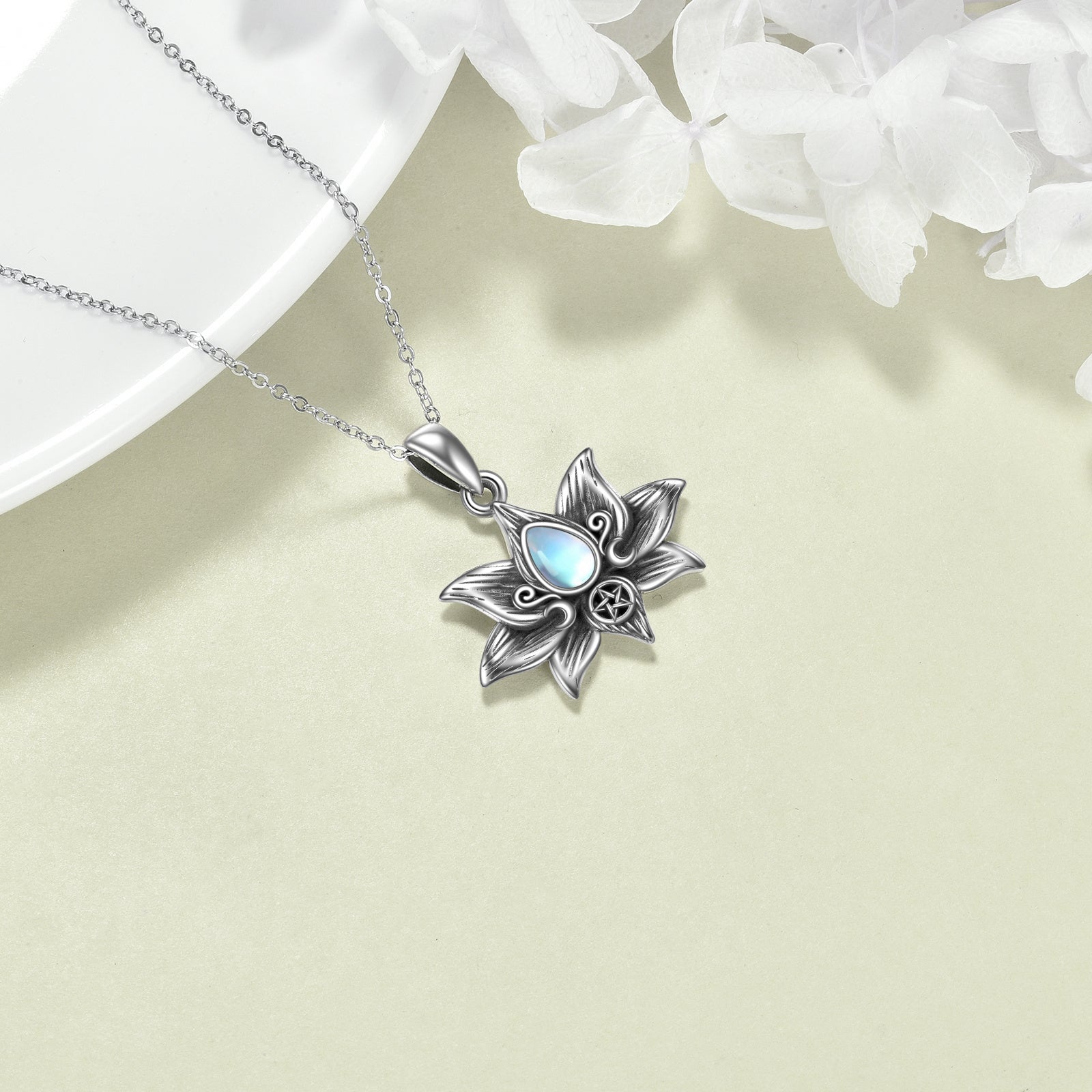 Sterling Silver Moonstone Lotus Pendant Necklace Jewelry for Women