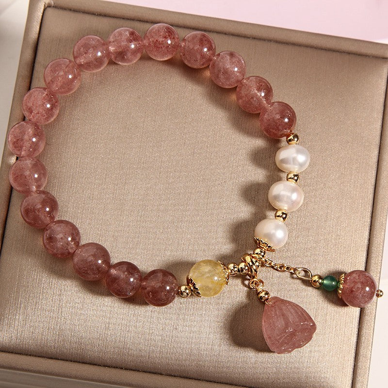 Natural Strawberry Quartz Lotus Seedpod Pendant Bracelet