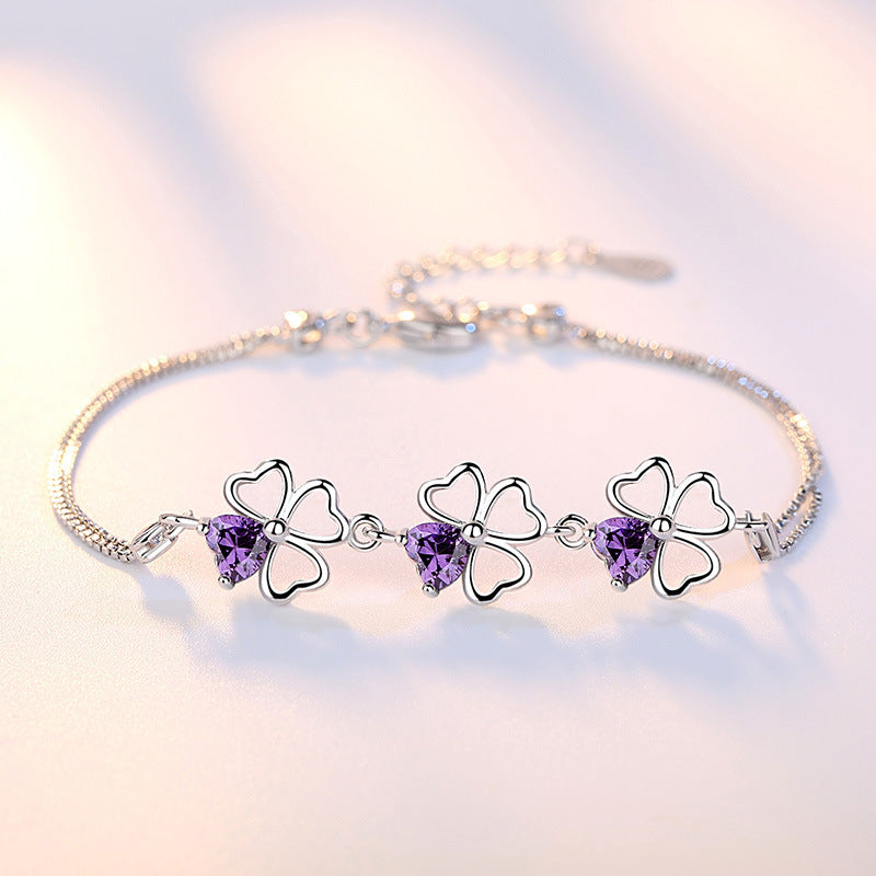 Amethyst Four Leaf Clover Women Bracelet