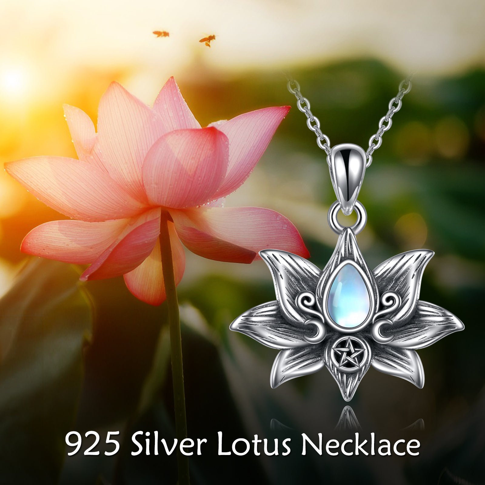 Sterling Silver Moonstone Lotus Pendant Necklace Jewelry for Women