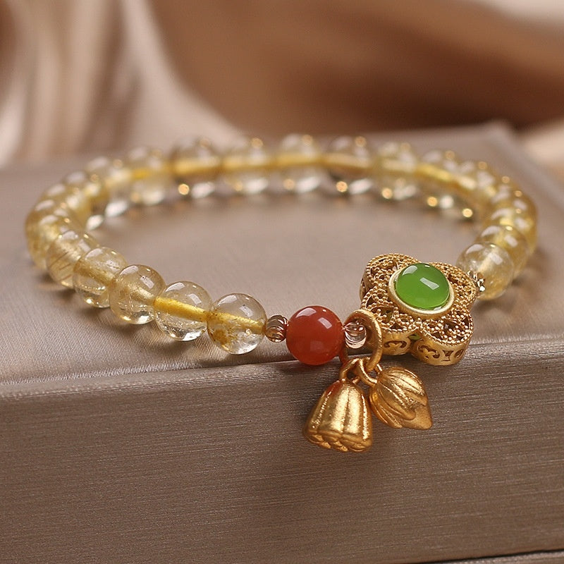 Ethnic Style Two-piece lotus Pendant Natural Citrine Bracelet For Women