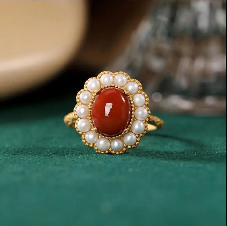 Women's Natural South Red Agate Pearl Ring Plated 925 Silver