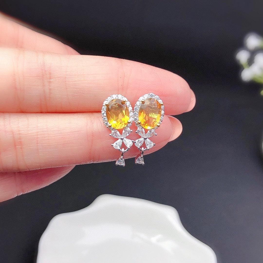 Natural Citrine Stud Earrings Women's Crystals Fully Purified