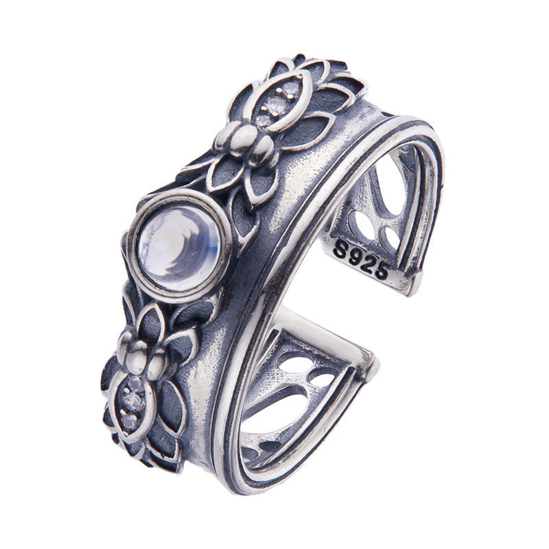 Natural Moonstone S925 Sterling Silver Retro Women Ring