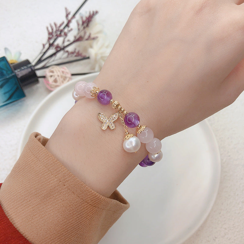 Butterfly Amethyst Pearl Crystal Bracelet