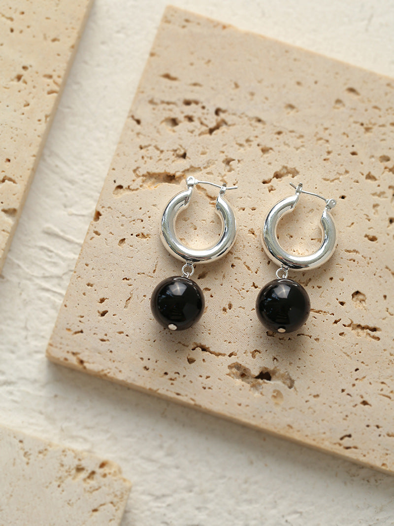 Black Agate Earrings Geometric Spherical Earrings