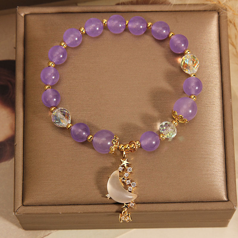 Chinese Style Amethyst Beaded Moon Bracelet For Women