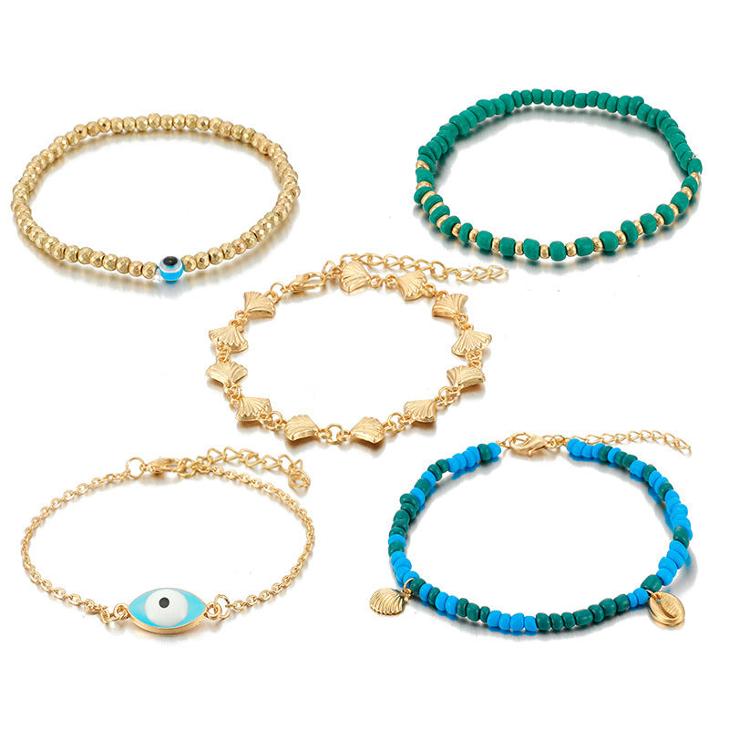 Rice Beads Evil Eye Scallop 5-piece Anklet