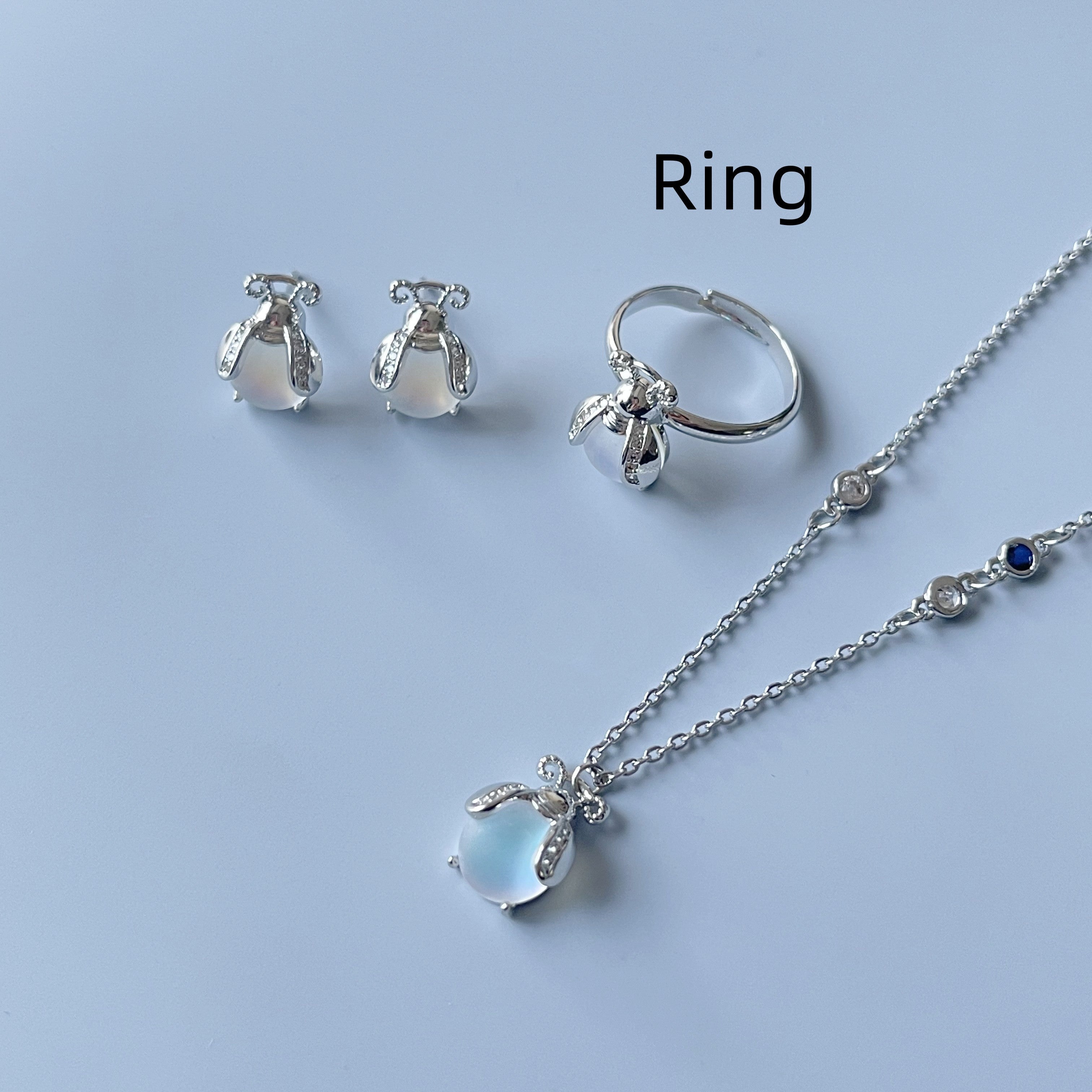 Glowworm Moonstone Necklace Earrings Ring For Women