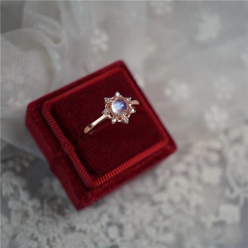 Natural Moonstone Snowflake Diamond Sterling Silver Women Ring