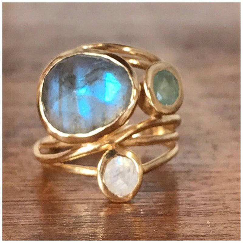 24k Yellow Gold Plated And Inlaid Colorful Moonstone Shell Women Ring