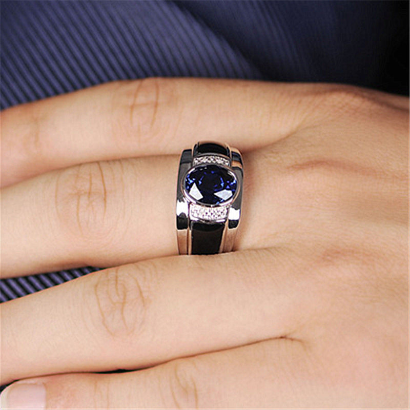 Luxury Sapphire Ring Inlaid With Black Agate Charm Men's Ring