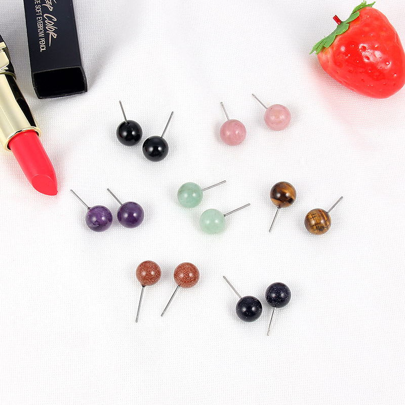 Round Natural Agate Stone Stud Women Earrings