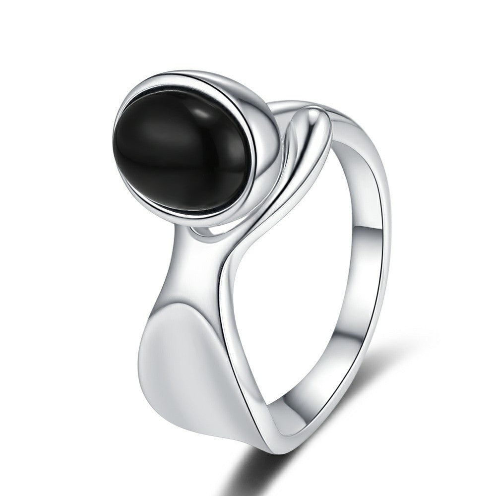 S925 Natural Black Agate Women Ring