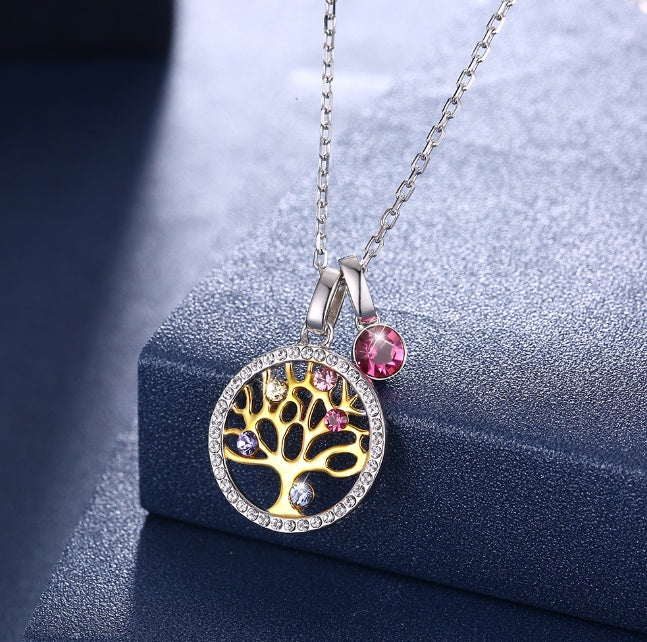 Crystal Element Sterling Silver Lucky Tree Crystal Pendant Necklace