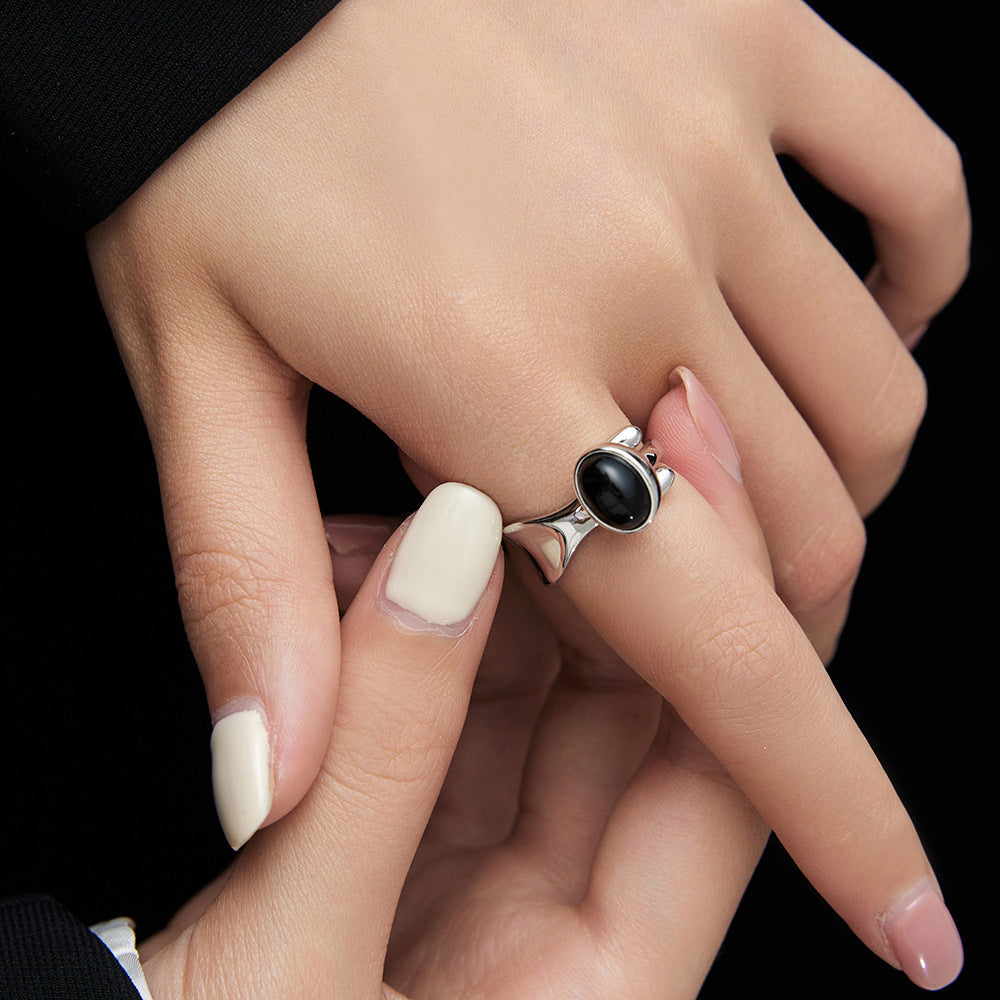 S925 Natural Black Agate Women Ring